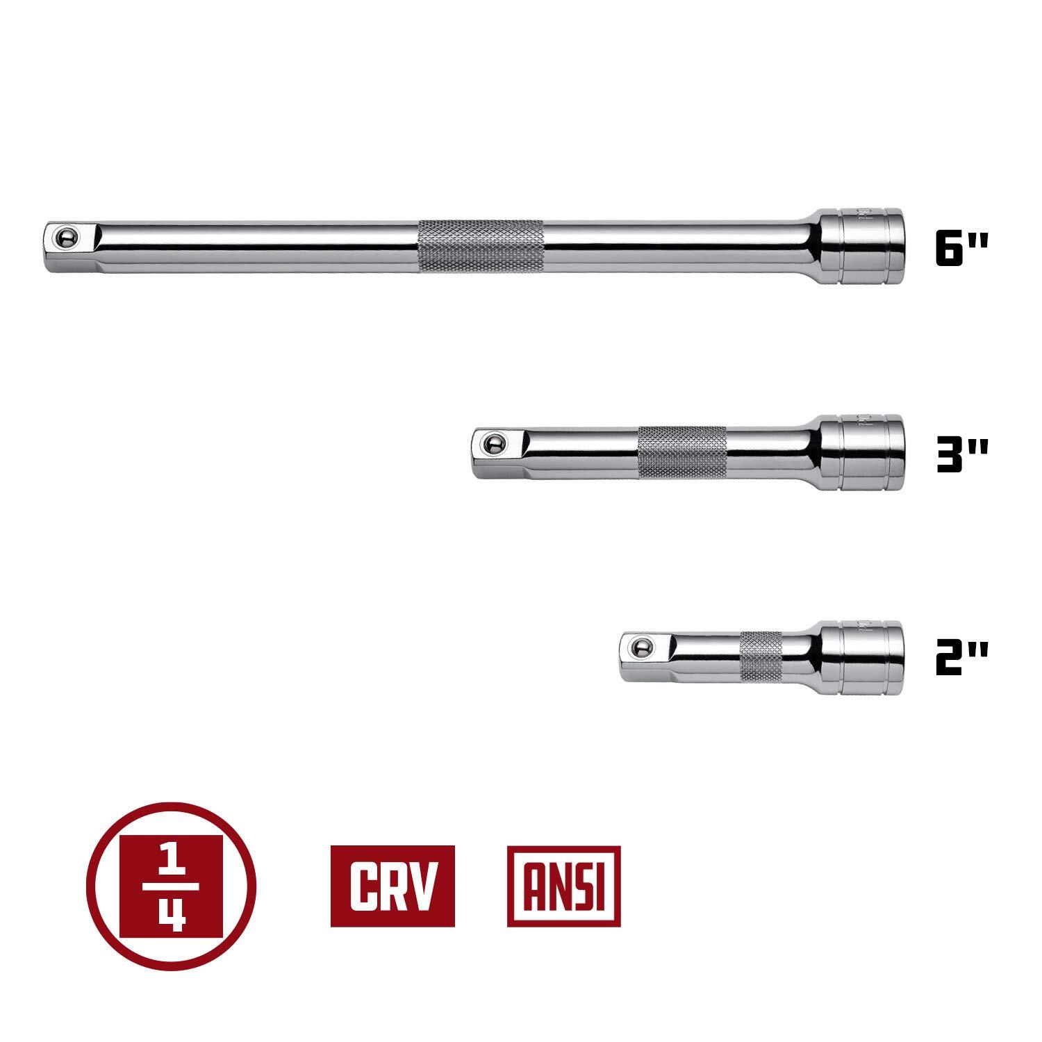 3 Piece, 1/4″ Drive Extension Bar Set, Includes 2, 3, and 6 Inch Extensions