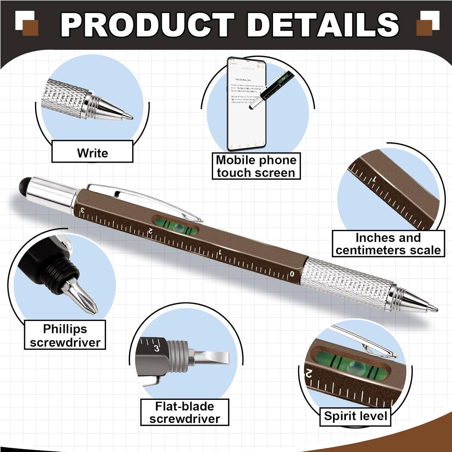 4 Pcs 6 in 1 Multitool Pen Gift for Men Multi Tool Pen with Ruler Level Screwdri