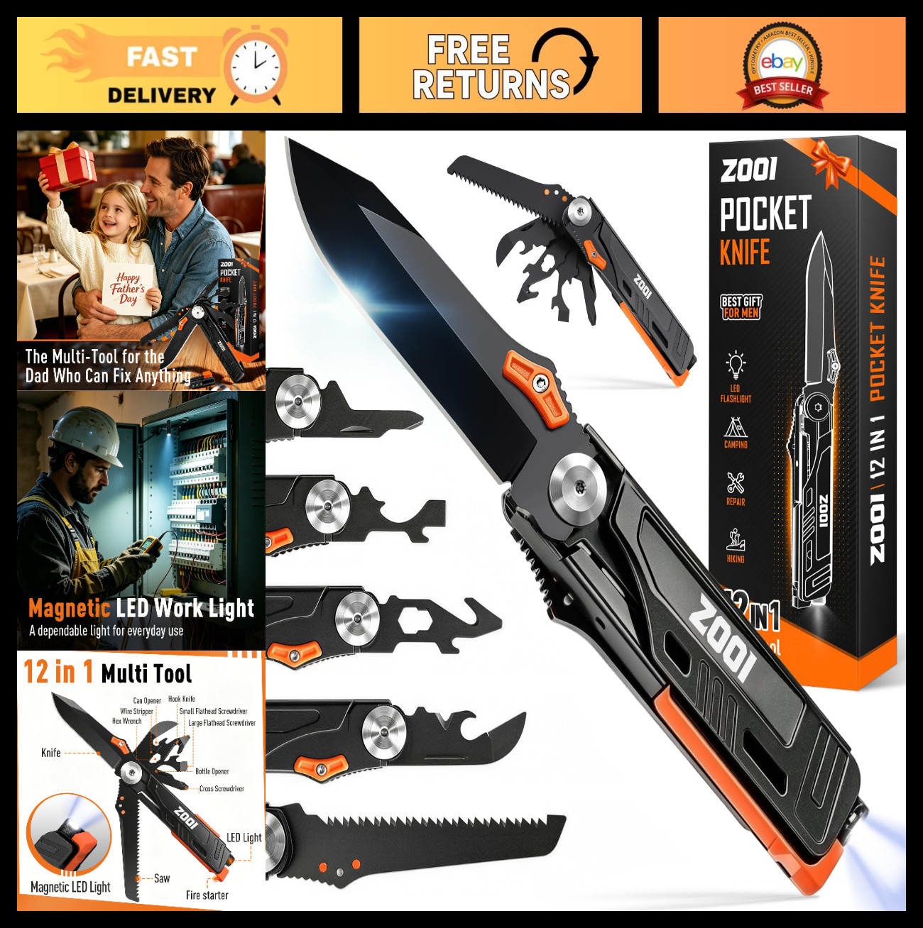 12-in-1 Pocket Multitool with LED Fire Starter – Perfect Gifts for Men, EDC Gear