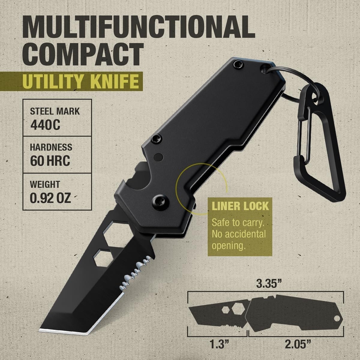Mini Keychain Knife with Carabiner – 1.3″ Tanto Serrated Blade – 6 in 1 Black