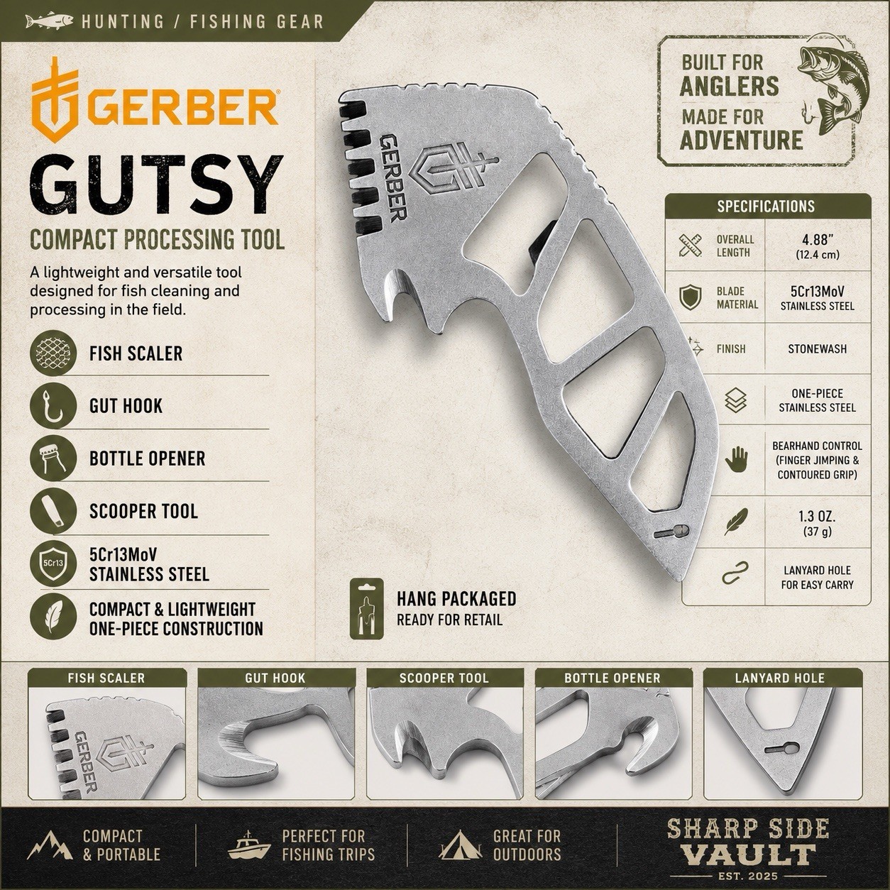 Gerber GUTSY Compact Processing Tool Fishing Multi Tool Scaler Gut Hook Opener