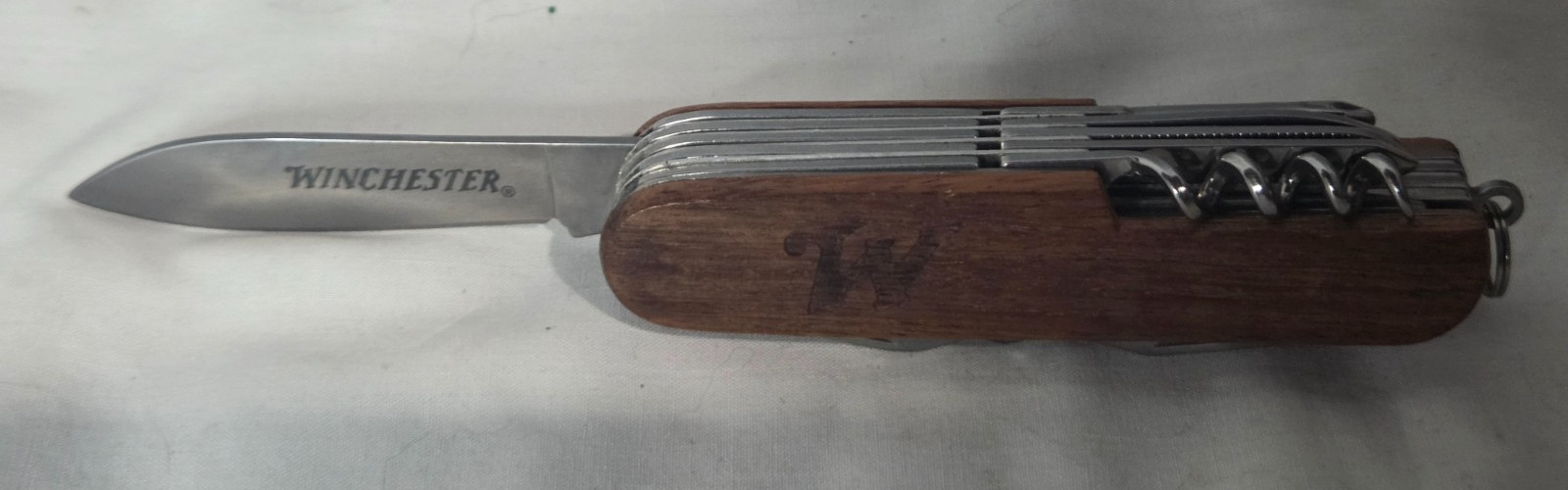 Vtg Winchester 11 Function Multi-tool Pocket Knife Wood Handle w/Saw & Scissors