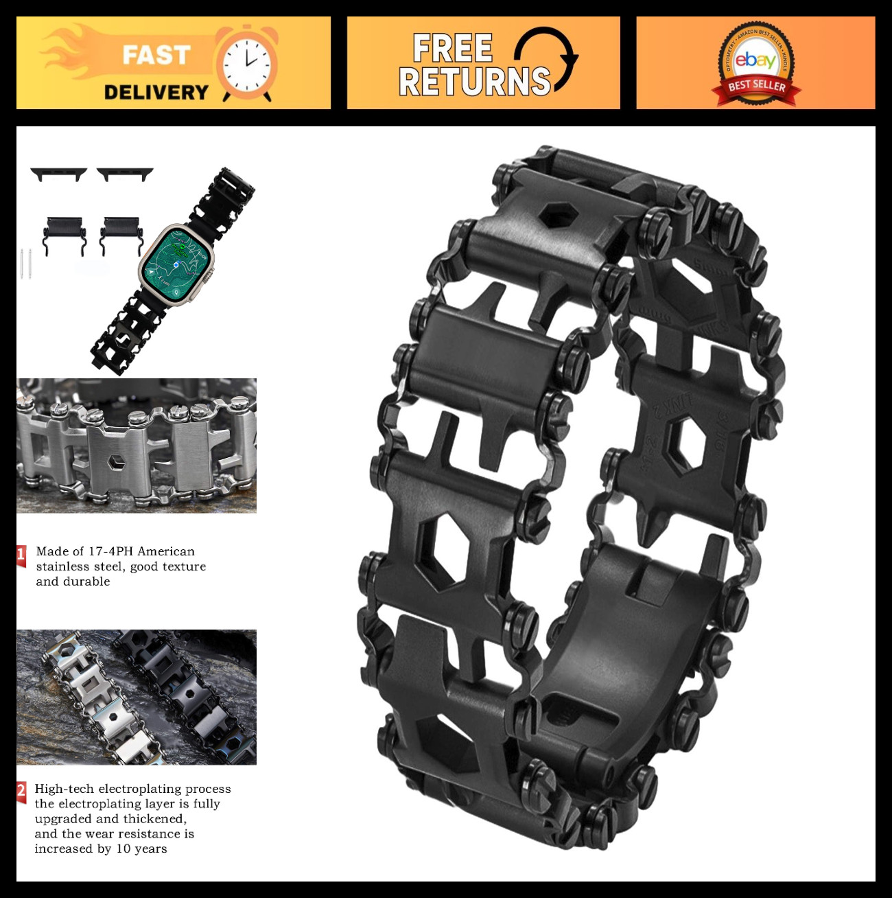29-in-1 Stainless Steel Tool Bracelet for Men – Survival Multitool Watch Band, H