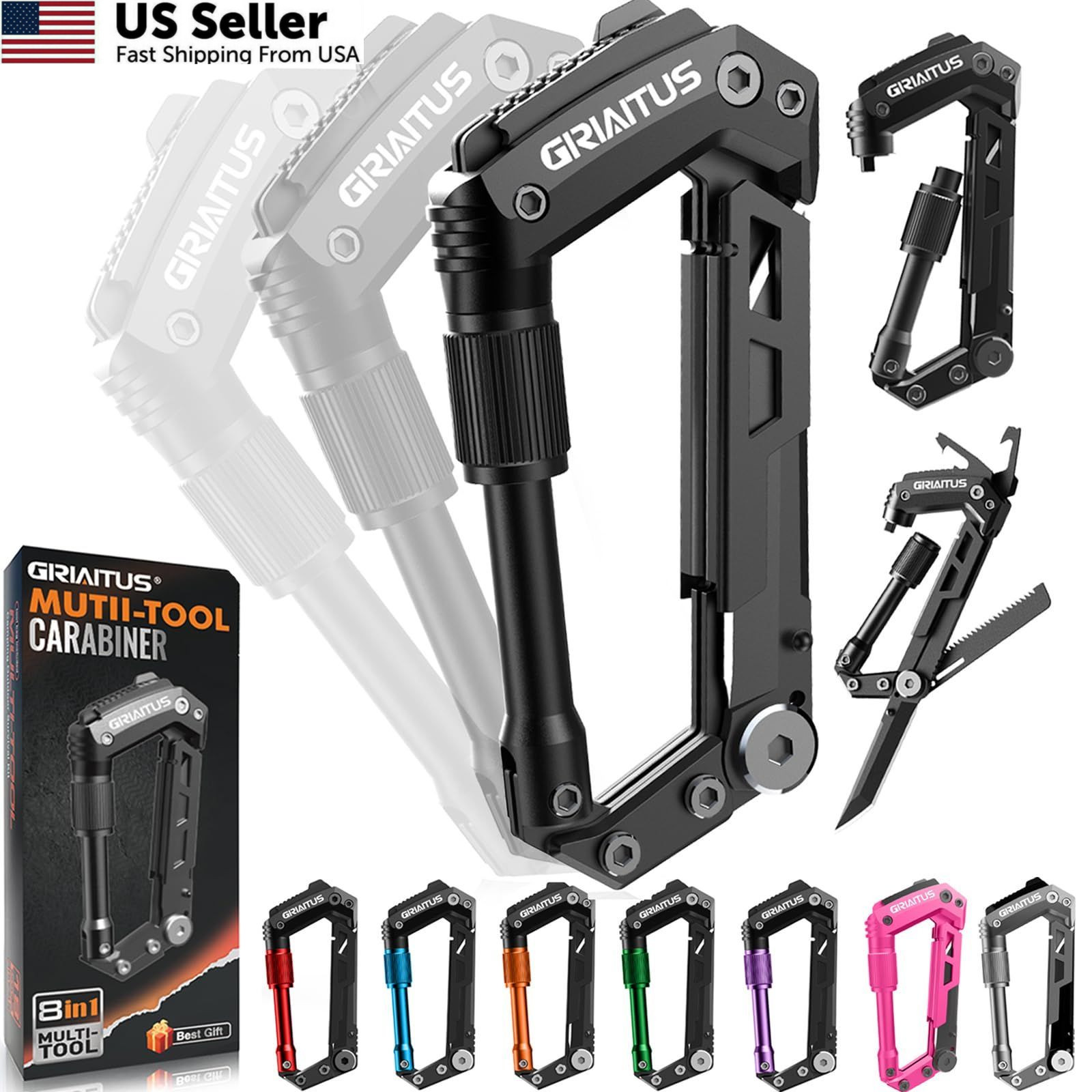 Carabiner Multitool 8-in-1 EDC Carabiners Pocket Knife, Serrated Black