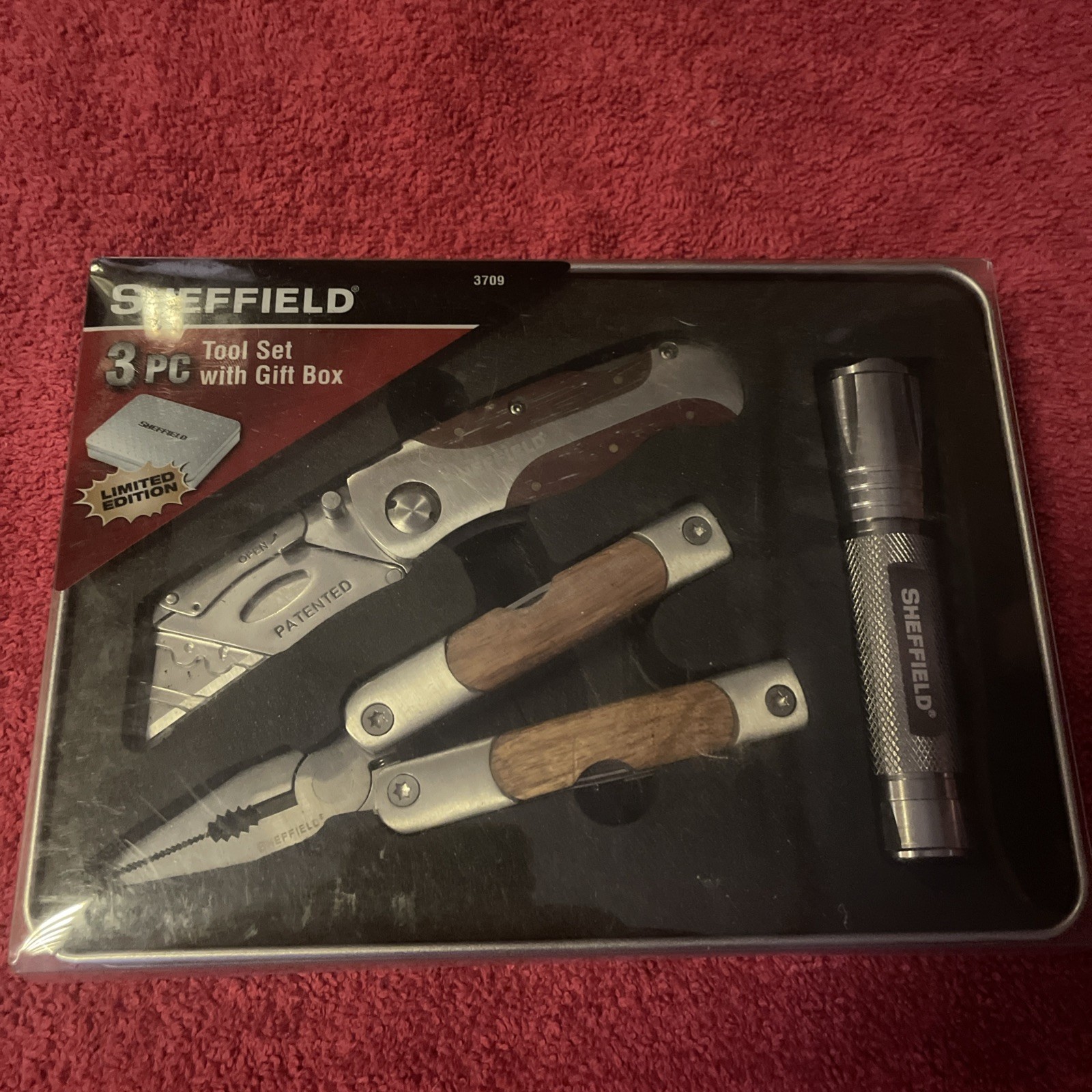 NEW Sheffield 3 Pc Tool Set With Tin Box Multi Tool Utility Knife Flashlight