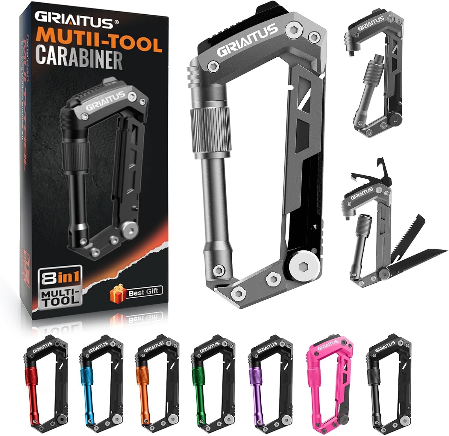 Carabiner Multitool with Pocket Knives, 8-in-1 EDC Carabiners, Serrated Knife, R