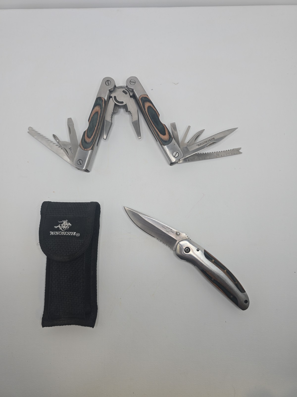 Winchester 2Cr Multi Tool Laminated Wood Grain Handel & Case + Pocket Knife Set