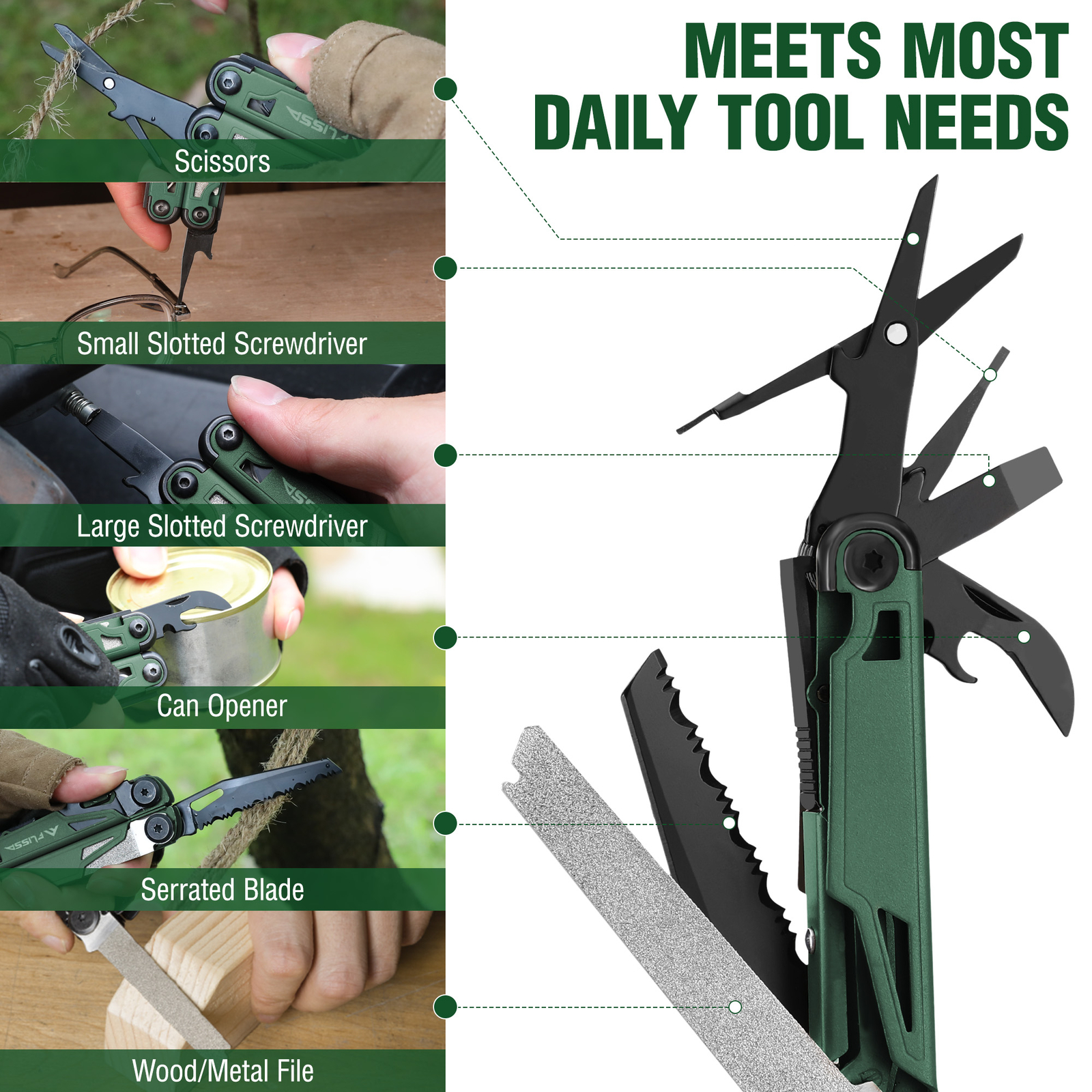 FLISSA Multitool, 15-in-1 with Sheath, Stainless Steel EDC Multitool Pliers