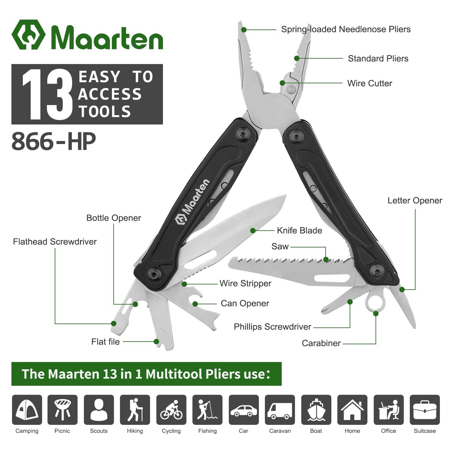 13-in-1 Stainless Steel Multi Tool Pliers with Clip, Saw, Opener, Sheath