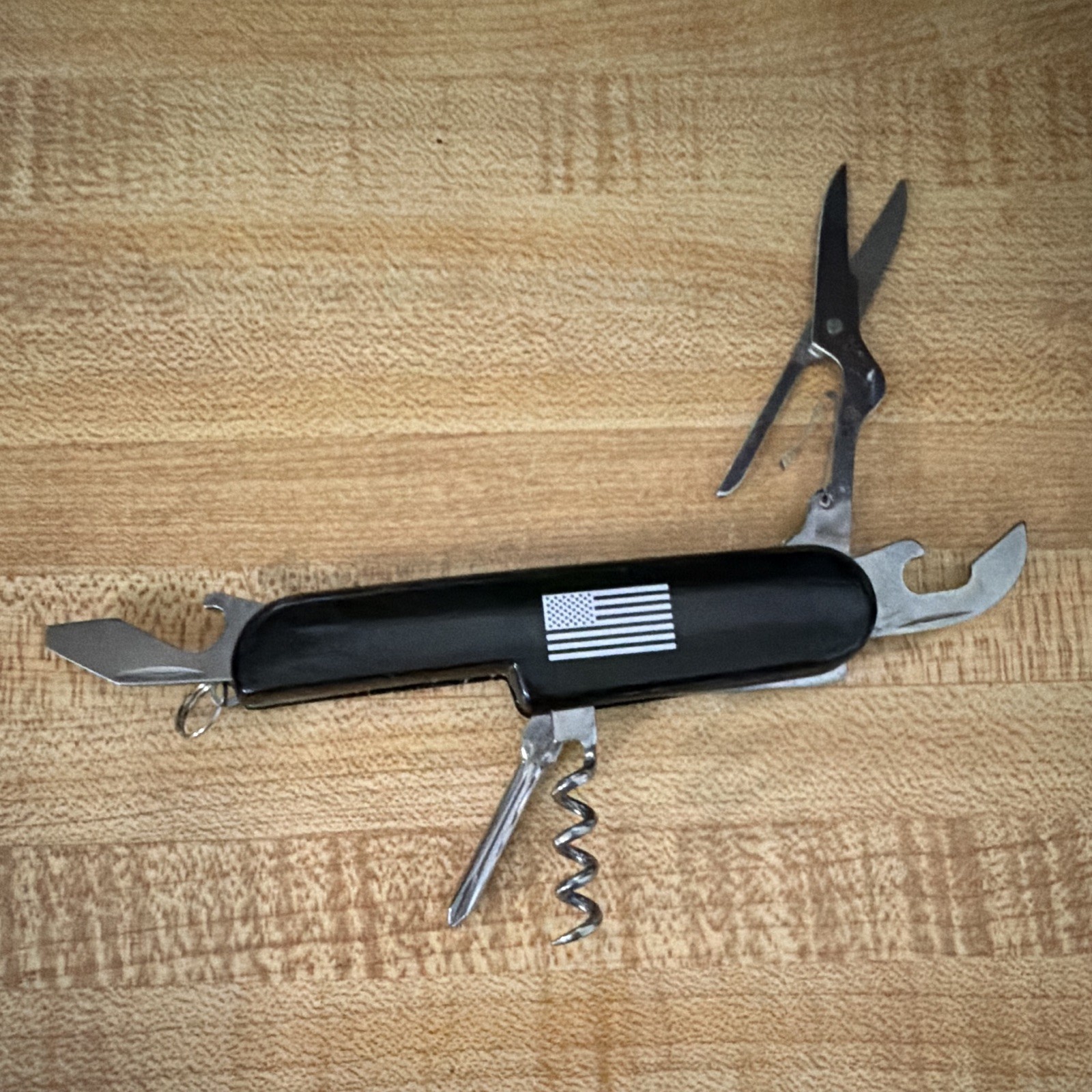 Multi-Tool Pocket Knife Black/Silver American Flag Inlay 6 Tools Scissors