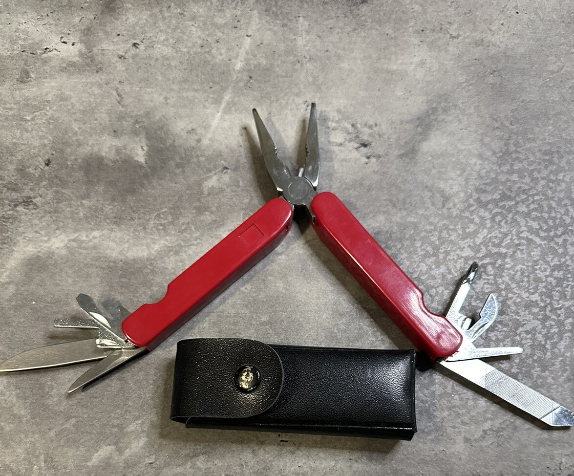 Multi Tool 9-1 Red Vintage With Case Pliers Folding Bottle Opener File Knife