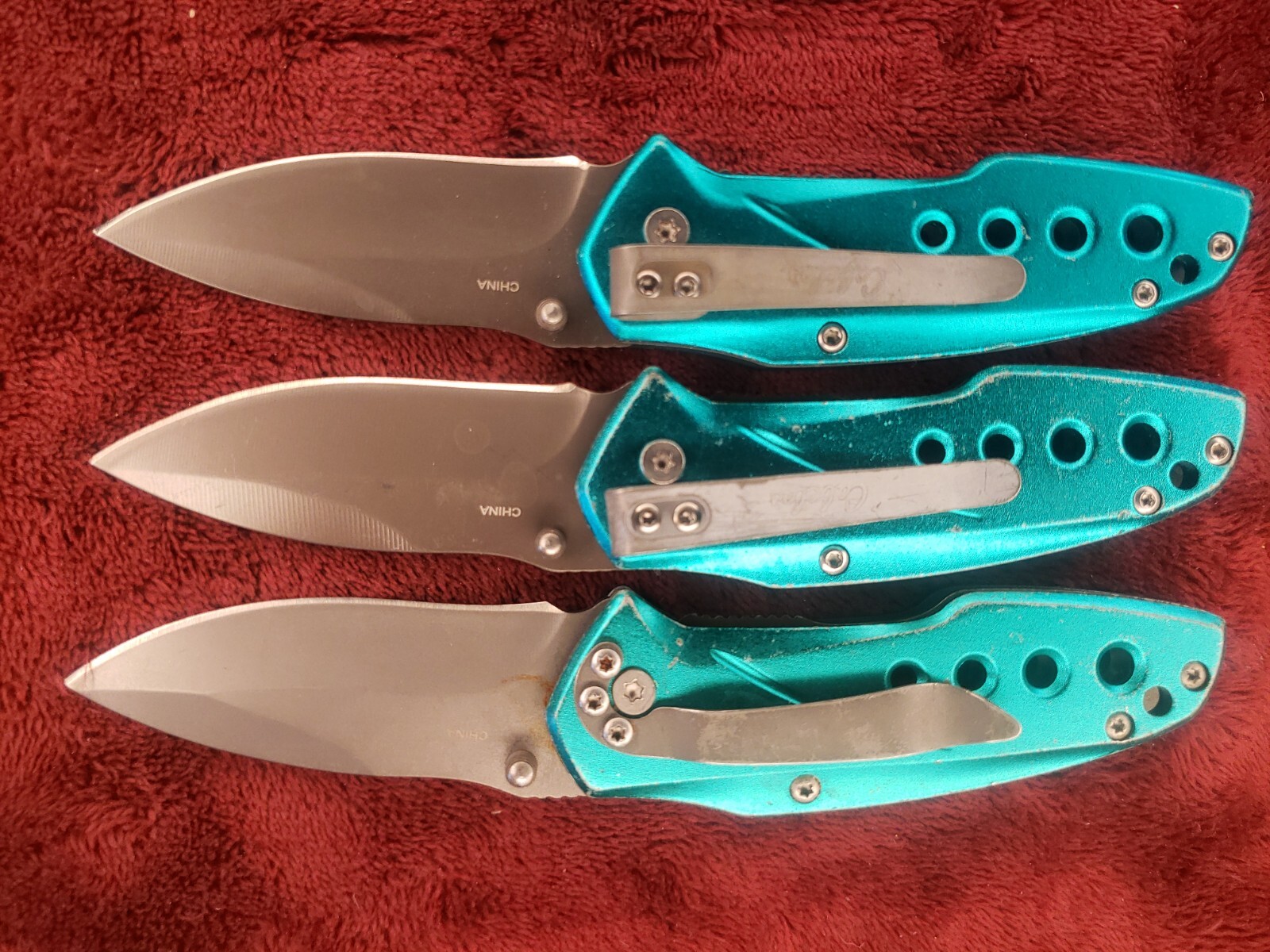 Lot 3 Cabela’s Plain Edge Liner Lock Aluminum Scale Folding Cyan Turquoise color