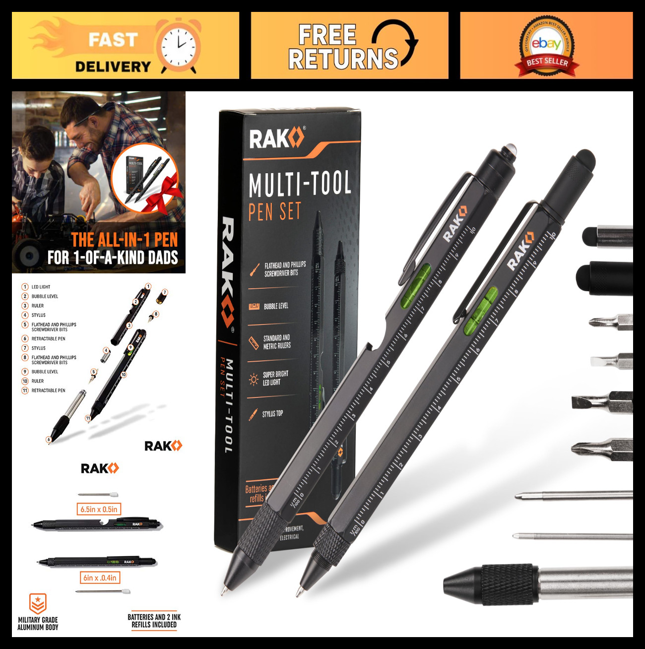 11-in-1 Multitool Pen Set with LED Light, Screwdrivers, Ruler & Stylus – EDC Gif