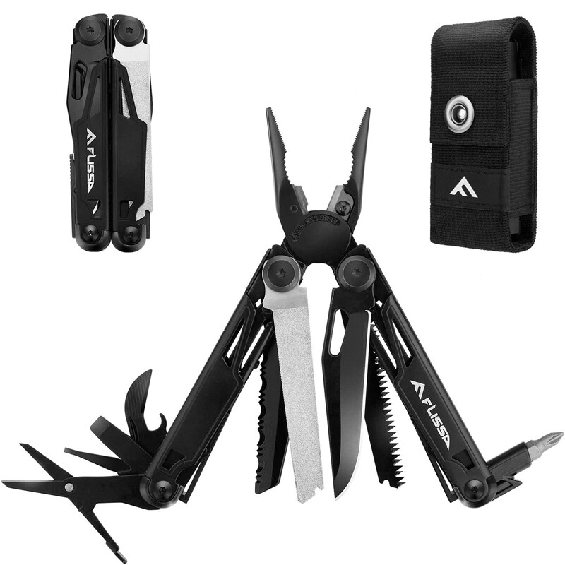 Flissa 16-in-1 Multitools with Sheath, Stainless Steel EDC Multitool-Black