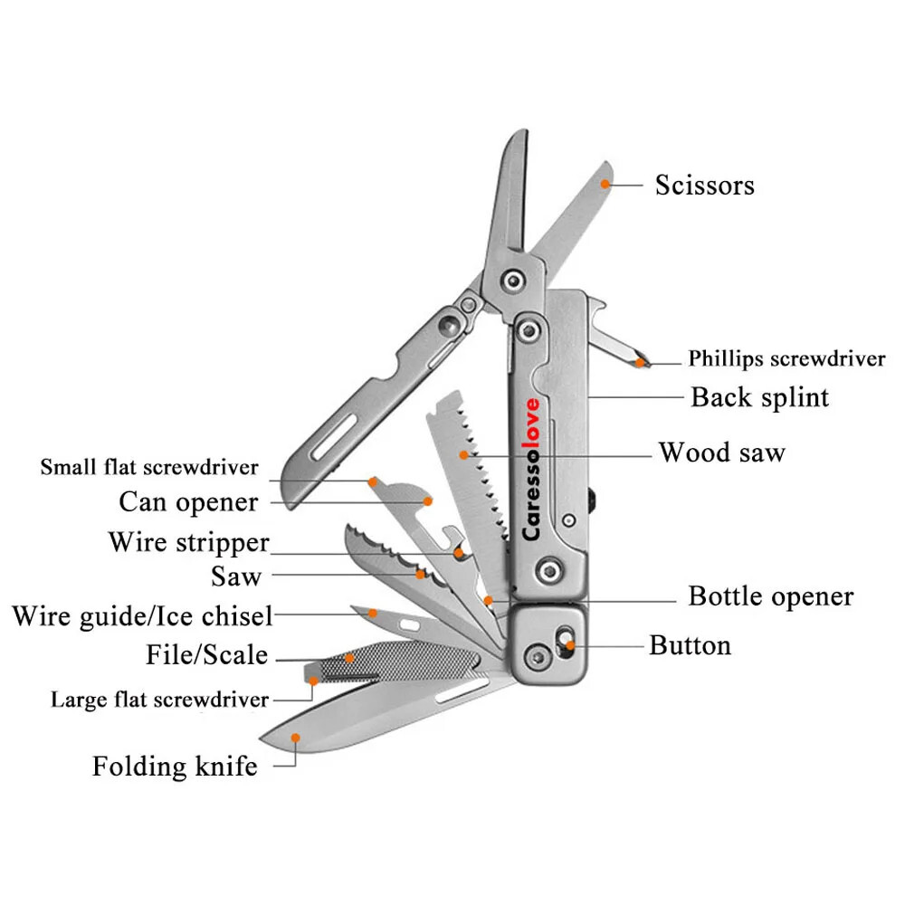 Compact Flat 15-in-1 Multi Tool Detachable Scissors Shears Knife Clip Outdoor