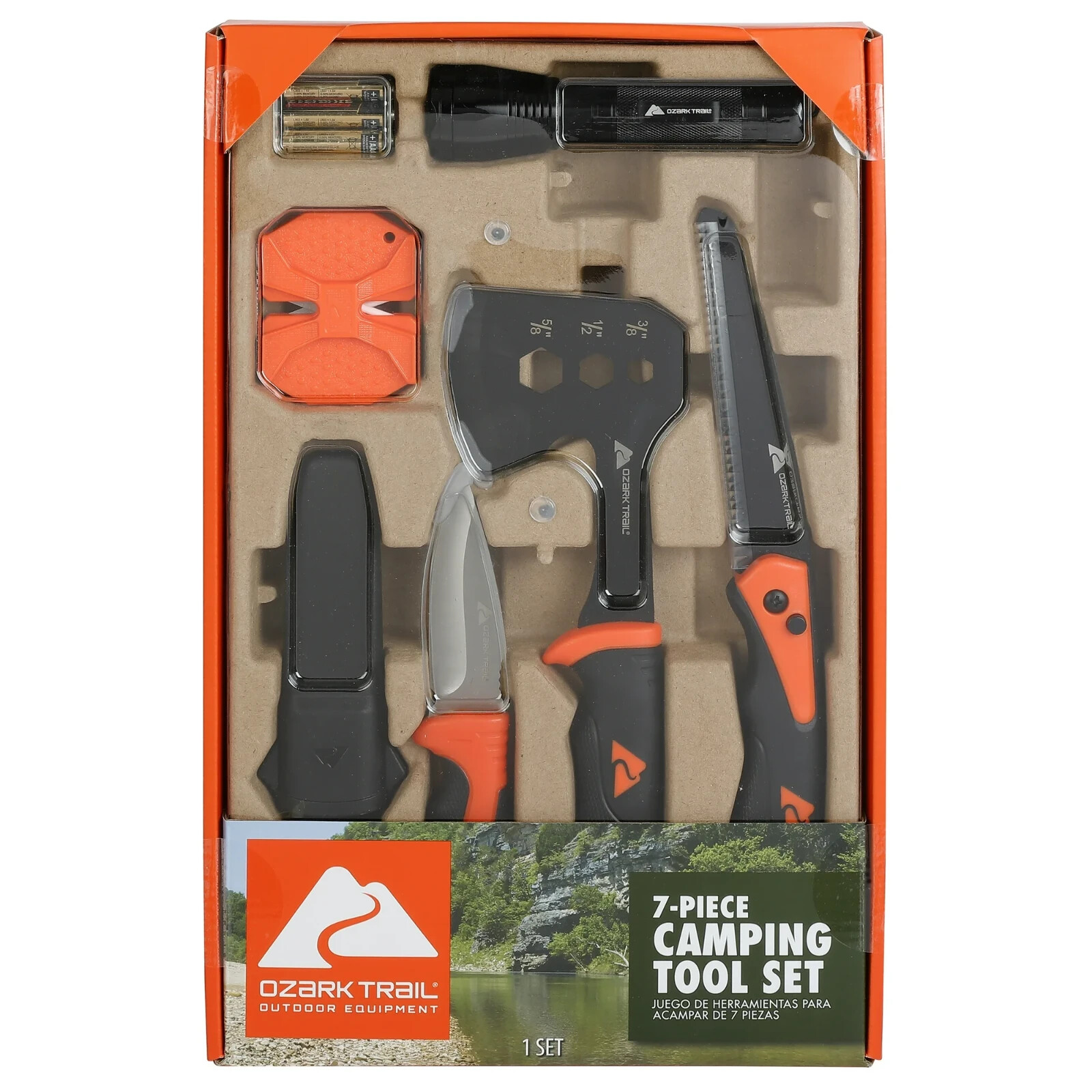 Ozark Trail 7-Piece Camping Tool Set with Hammer, Axe, Flashlight, and Knives, B