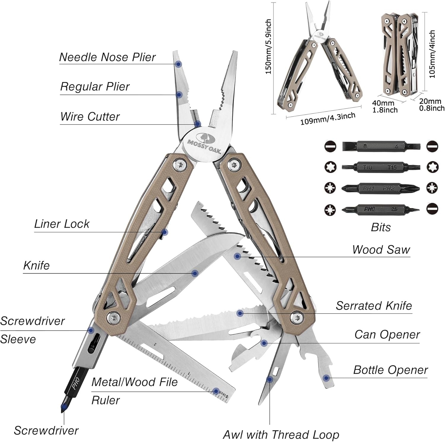 MOSSY OAK Multitool 22-in-1 Stainless Steel Plier Self-locking Knife Screwdriver