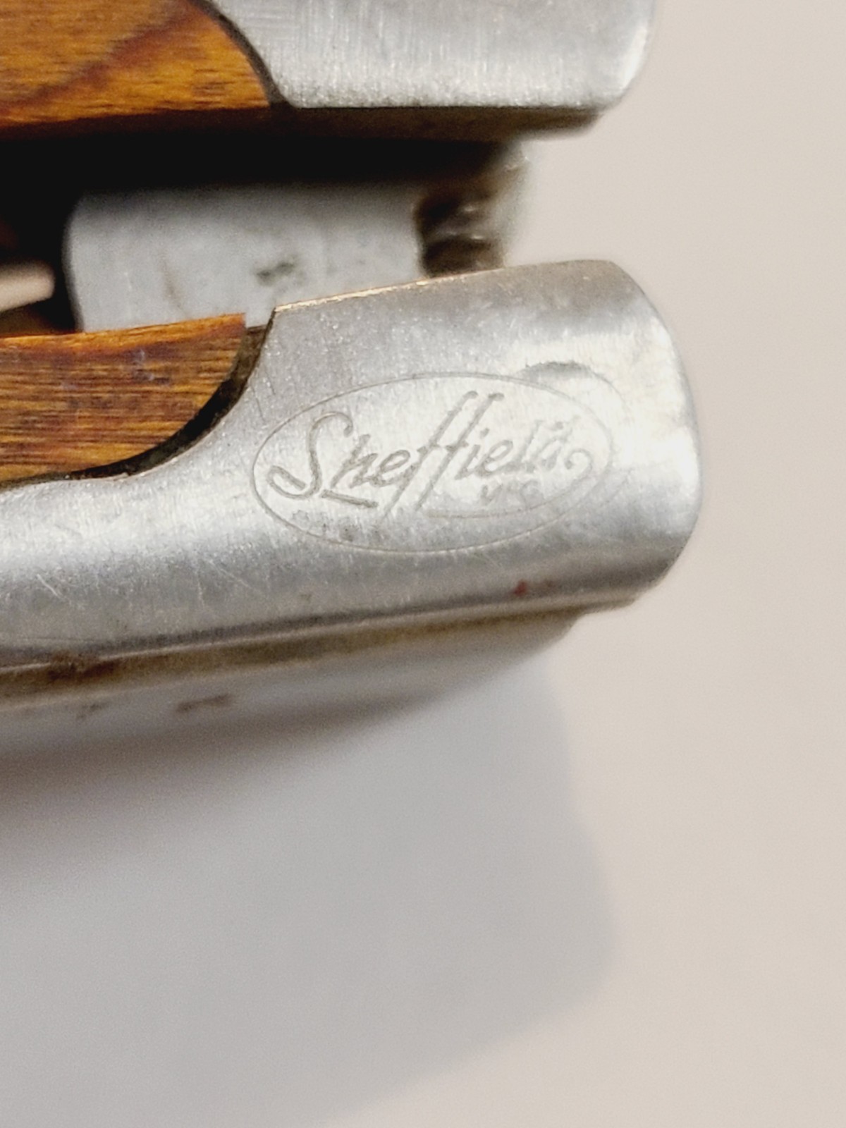AS IS SHEFFIELD STAINLESS STEEL MULTI TOOL WOOD GRAIN GRIP SEE PHOTOS