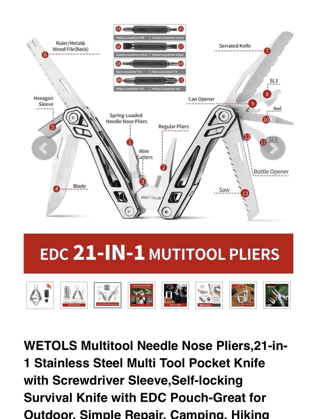 Wetols 21-in-1 Multi-Tool Pocket Knife with Pliers & Bit Set