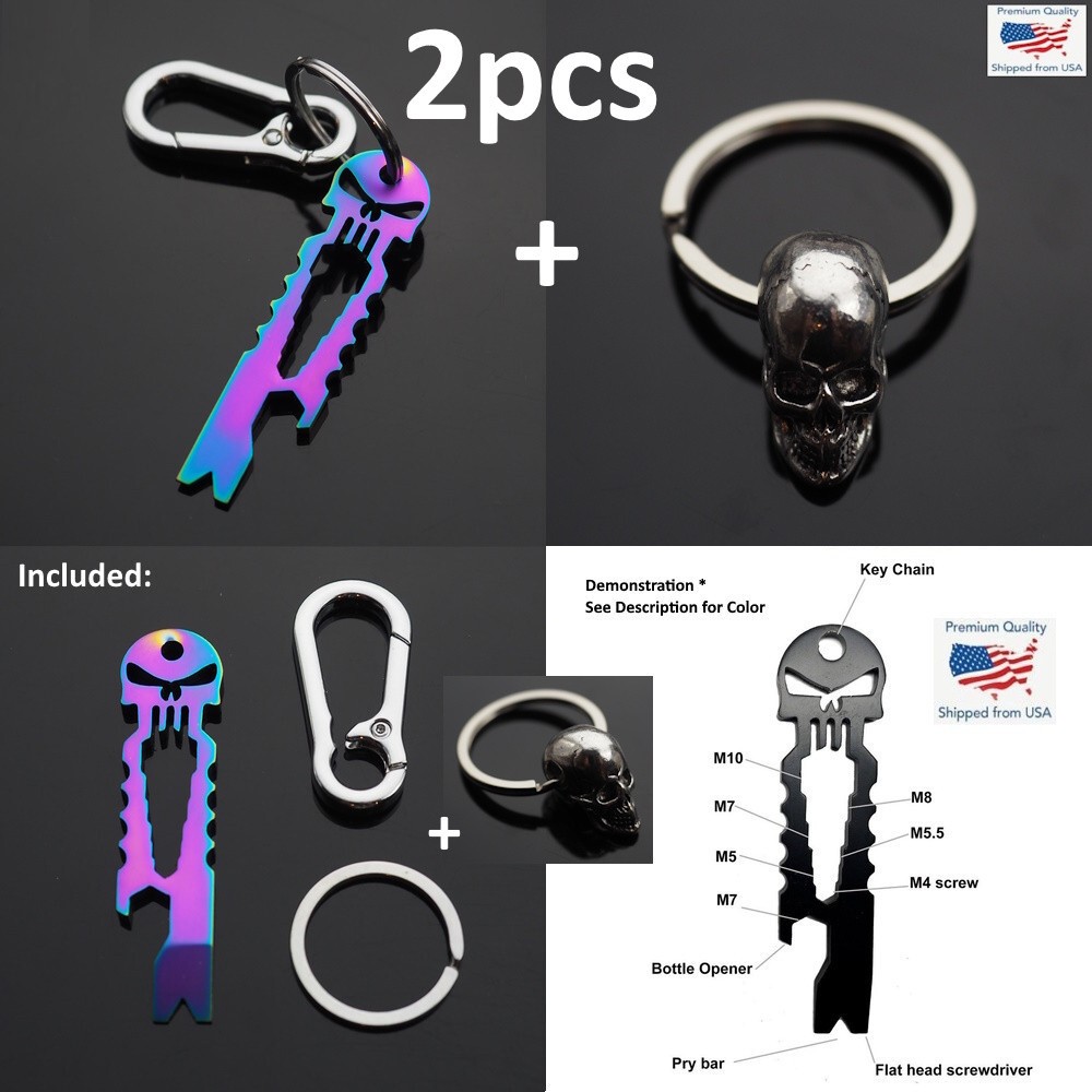 2pcs – Skull Keychain Crowbar Hex Carabiner Clip Opener EDC Neon & 3D 35mm Ring