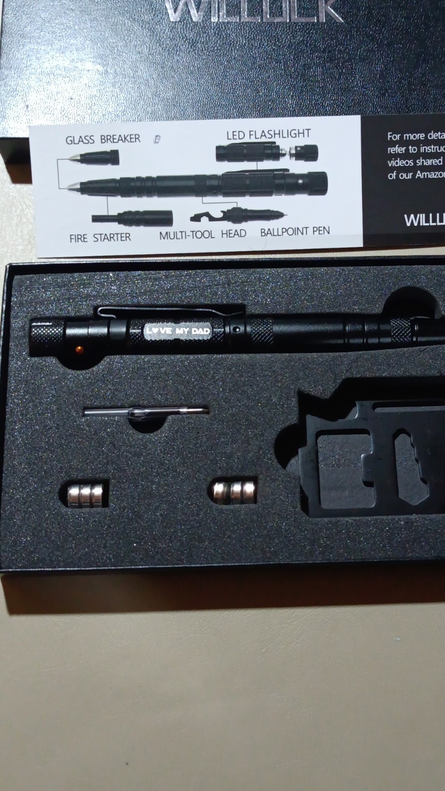 Willuck Black Multi-Tool Pen Set LED Flashlight Glass Breaker Fire Starter