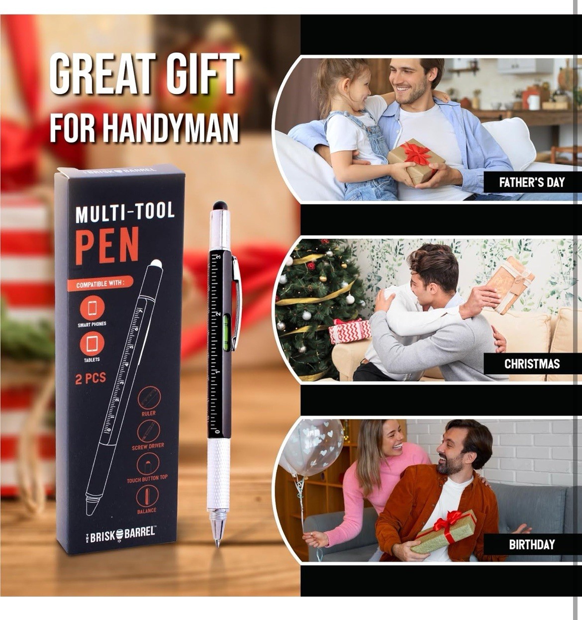 9-in-1 Multitool Pen Set 2PCS with 6 Refills Screwdriver Ruler Stylus Gift