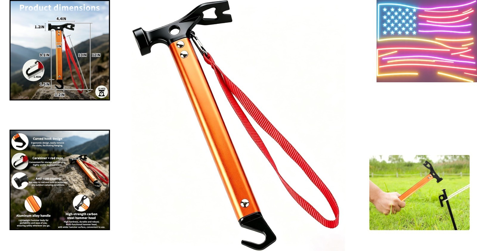 Carbon Steel Aluminum Camping Hammer, 12″ Small Lightweight Three-in-One Func…