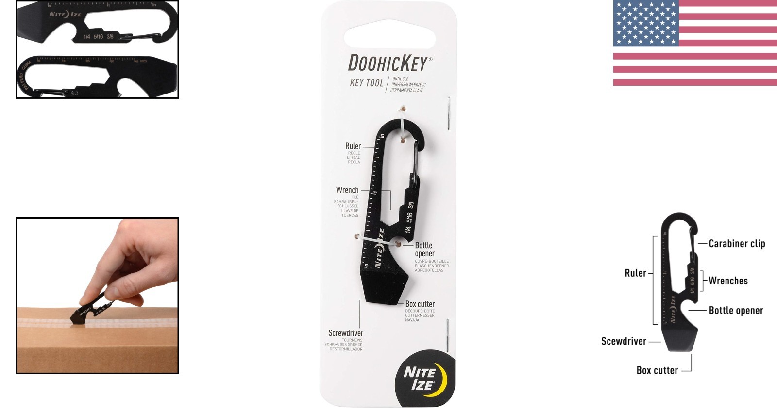 DoohicKey 5-in-1 Stainless Steel Keychain Multi Tool with Carabiner Clip – Black