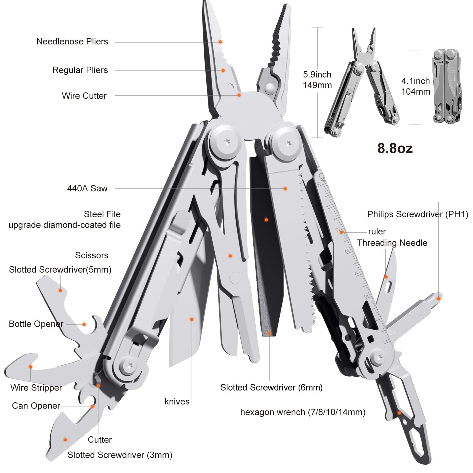 Multitool Stainless Steel Multi-Tool Pliers 22-in-1 with Safety Locking, Pock…
