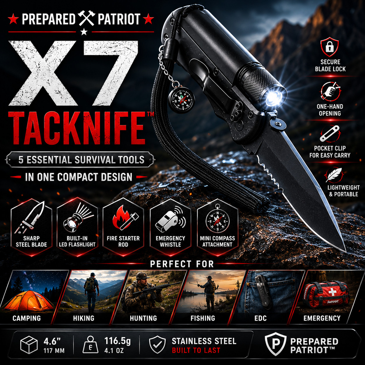 Prepared Patriot X7 Tacknife 5-in-1 Survival Knife Flashlight Compass EDC