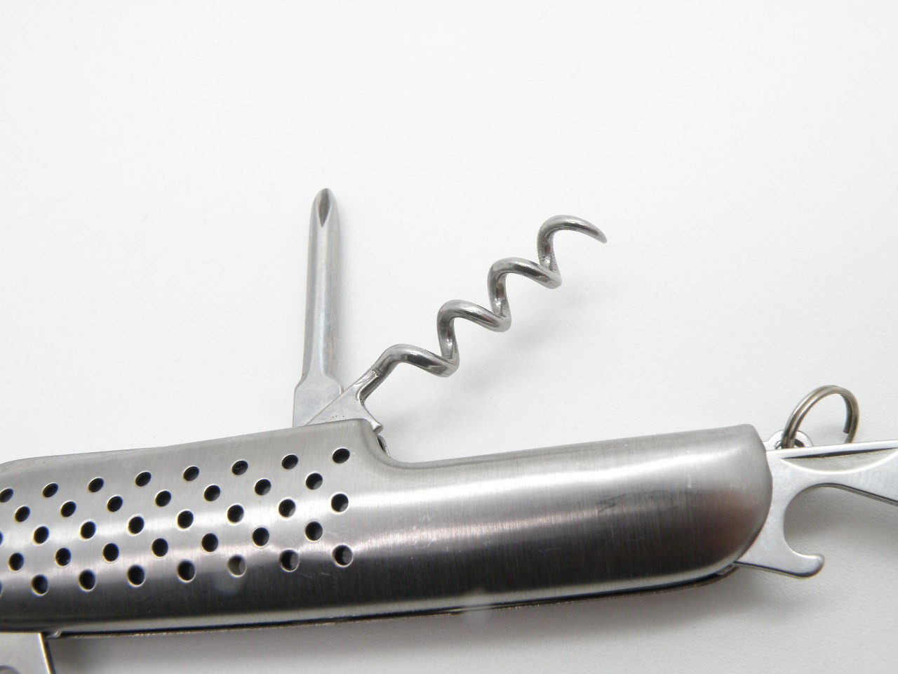 Vintage Silver Tone Multi-Tool Pocket Knife Stainless Steel Perforated Handle