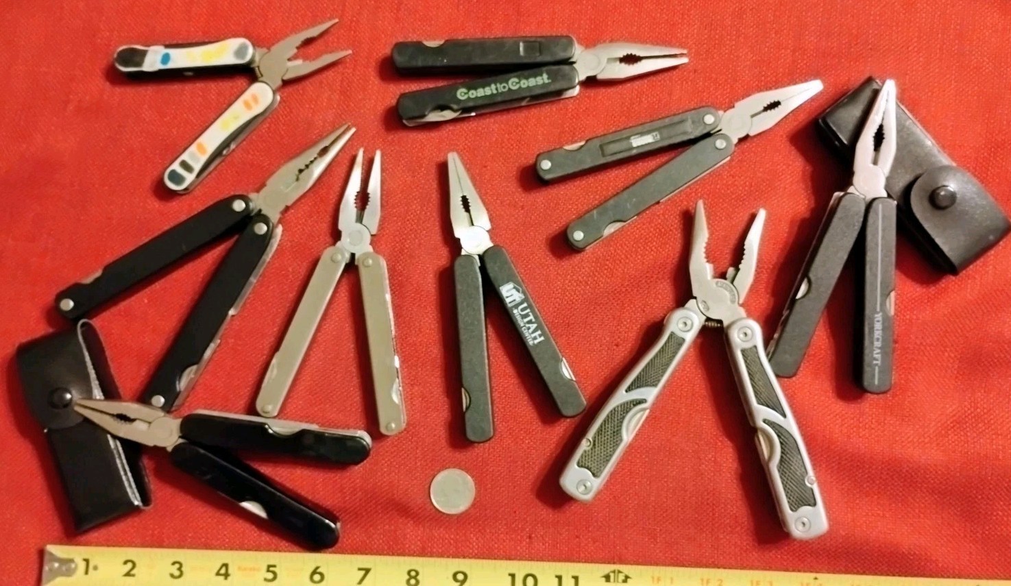 Large multitool 9pc lot, many uses home camping survival EDC auto fishing & more