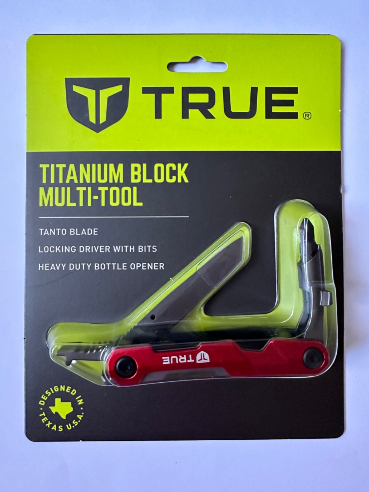 True Utility TI Titanium Block Multi Tool 5-in-1 Knife, Screwdriver, Bottle Open