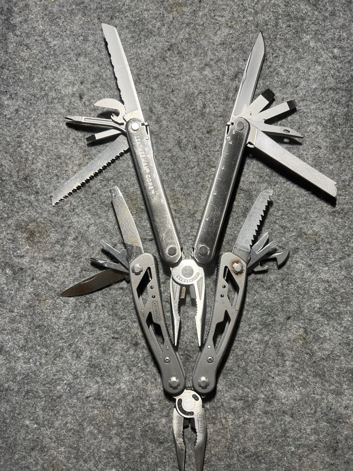Lot of Two Multi Tool Pliers Stanley, Leatherman with Cases