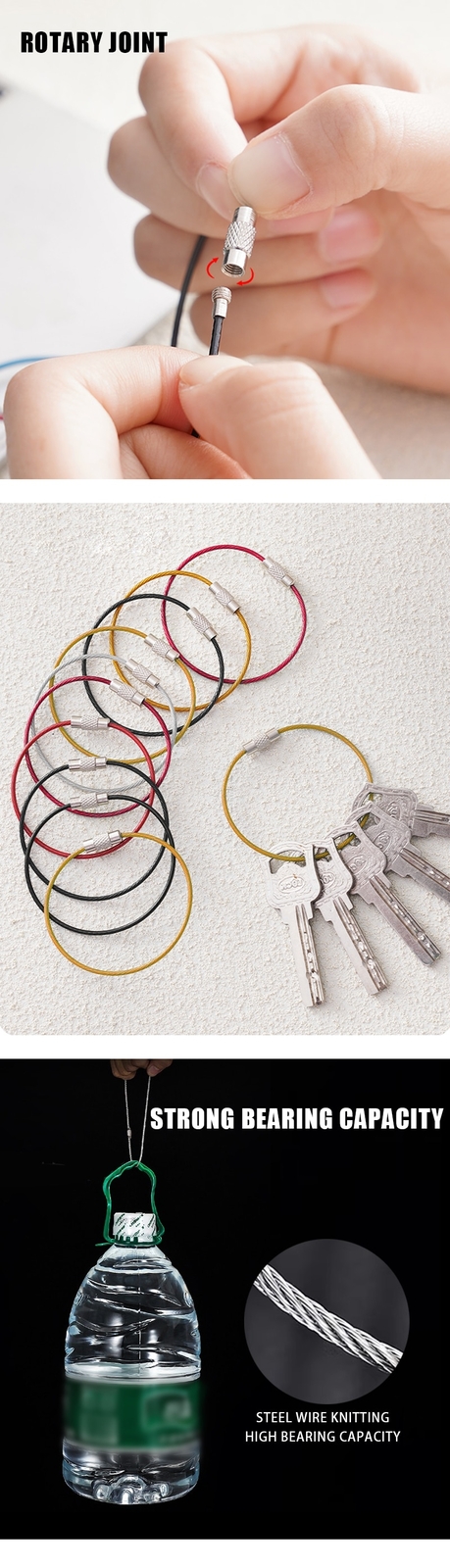 10PCS 15CM Stainless Steel Outdoor Key Chain Rings Screw Lock Gadge Tools