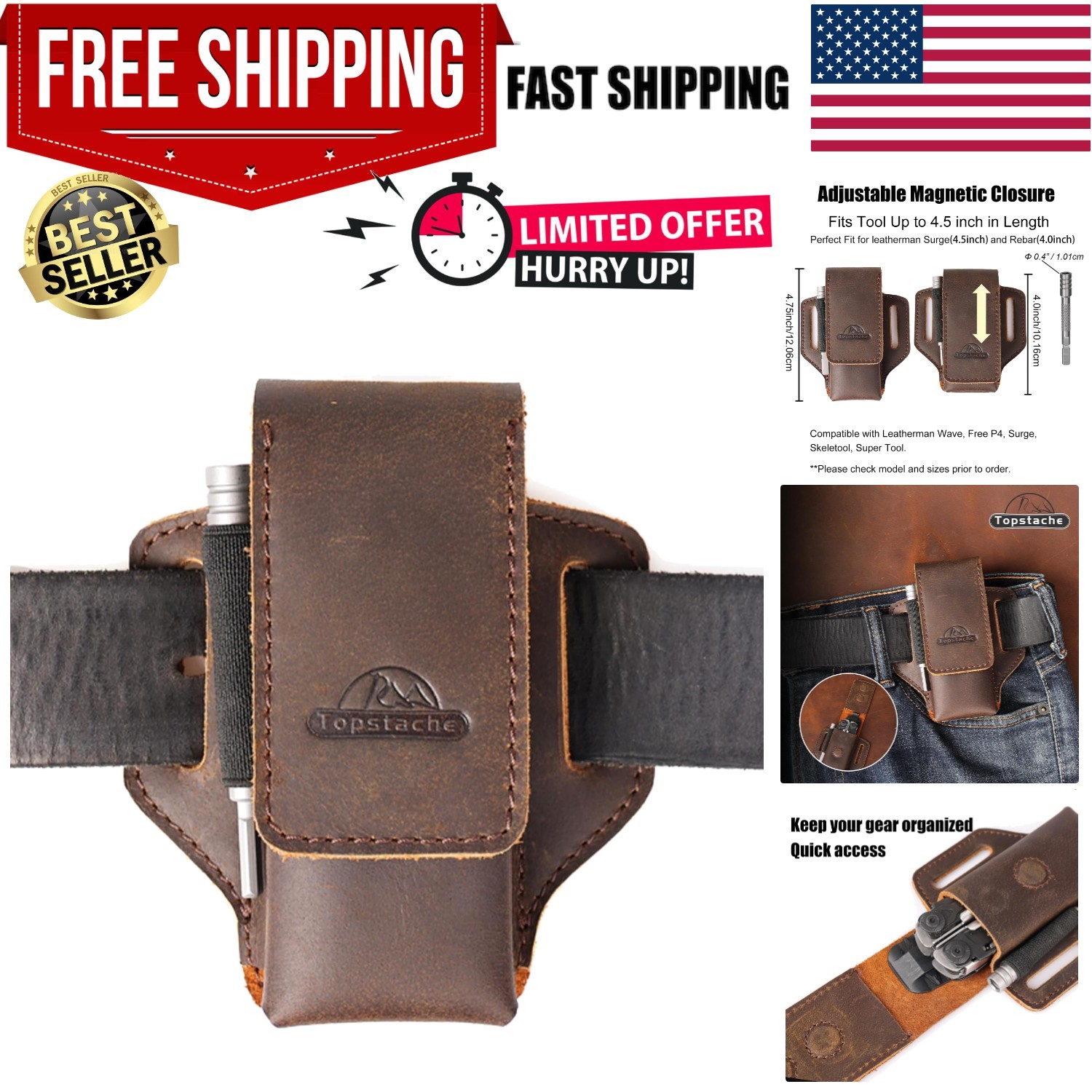 Luxurious Dark Brown Leather Multitool Sheath with Magnetic Closure – EDC Ready