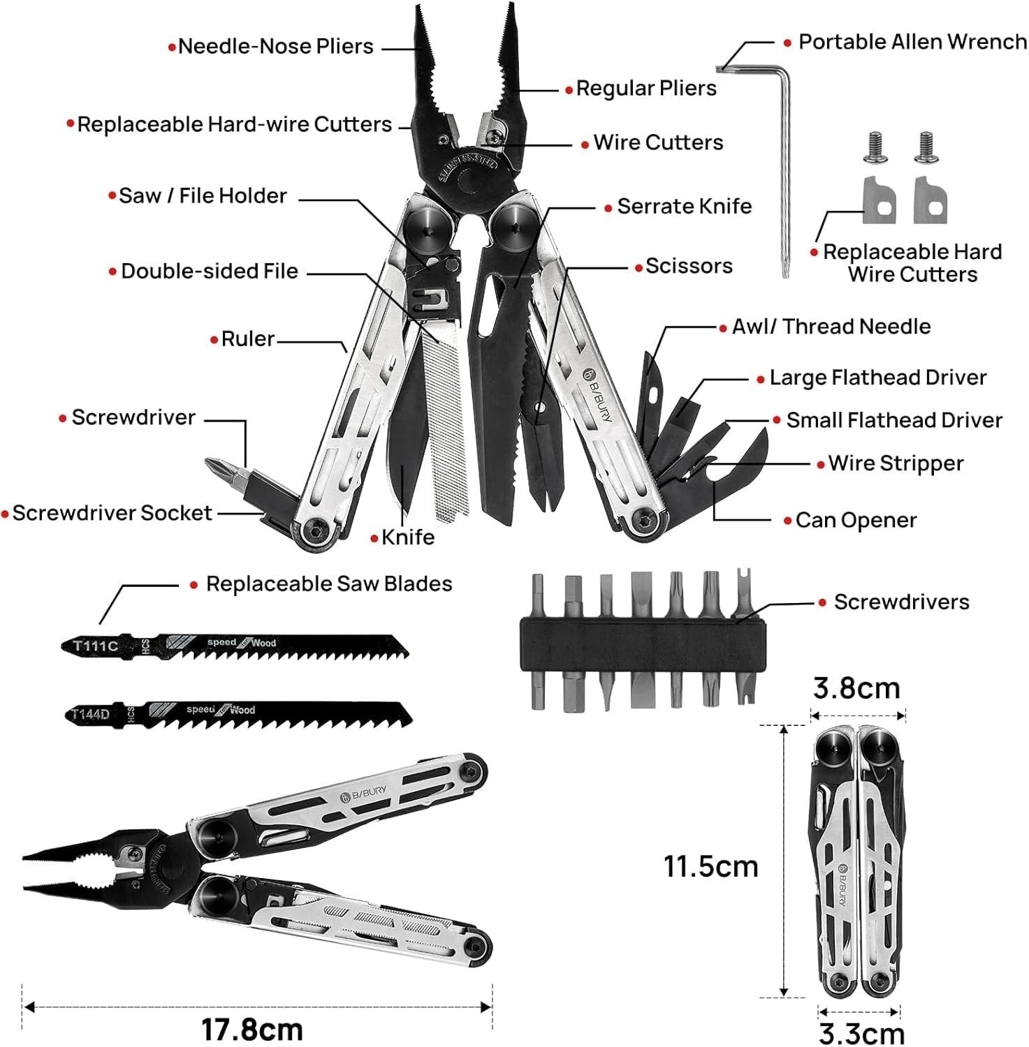 BIBURY Multitool Pliers, Stainless Steel 31-in-1 Multi Tool Pliers, Foldable