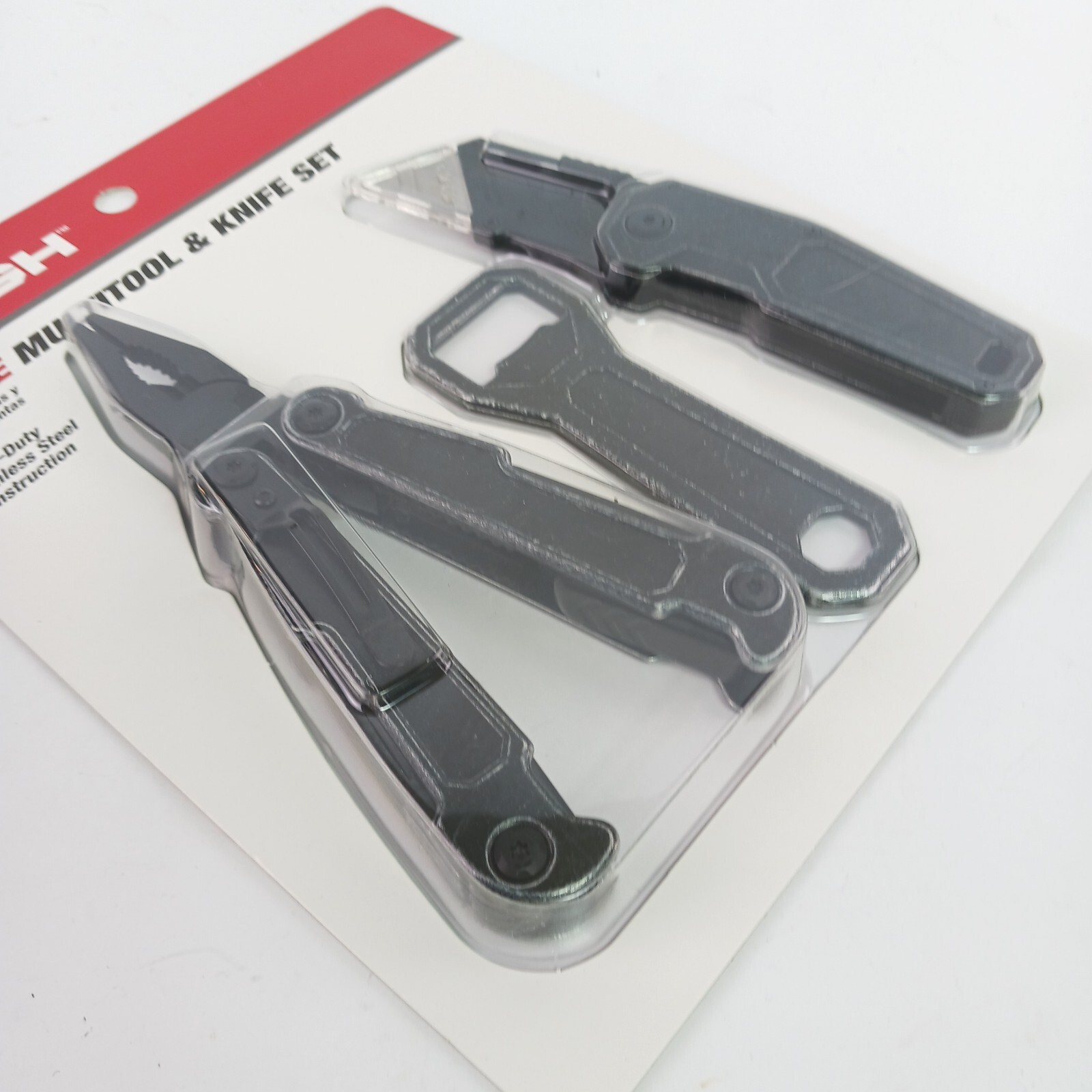 Multitool bundle w/ box knife & bottle opener. Black metal. Camping / Emergency