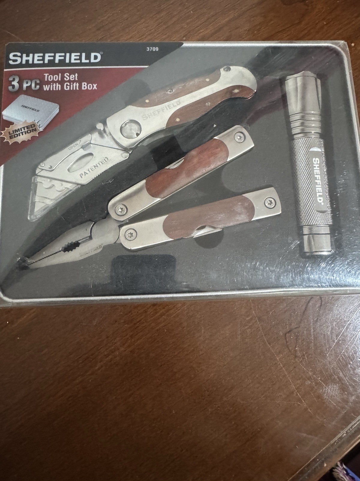 NEW Sheffield 3 Pc Tool Set With Tin Box Multi Tool Utility Knife Flashlight