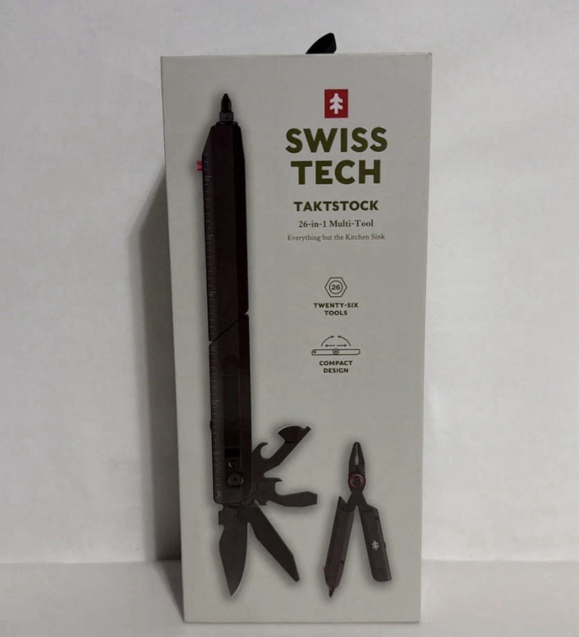 🔪 NEW SwissTech TAKTSTOCK 26-in-1 Multi-Tool AUS-8 Steel Blade Leather Sheath