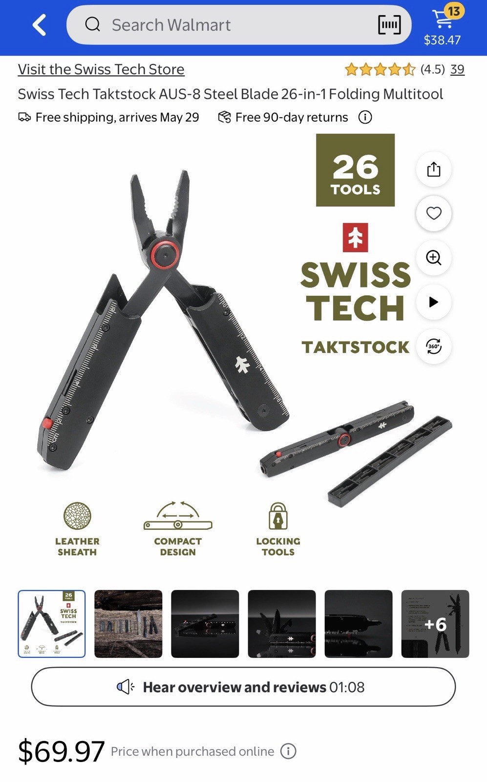 🔪 NEW SwissTech TAKTSTOCK 26-in-1 Multi-Tool AUS-8 Steel Blade Leather Sheath