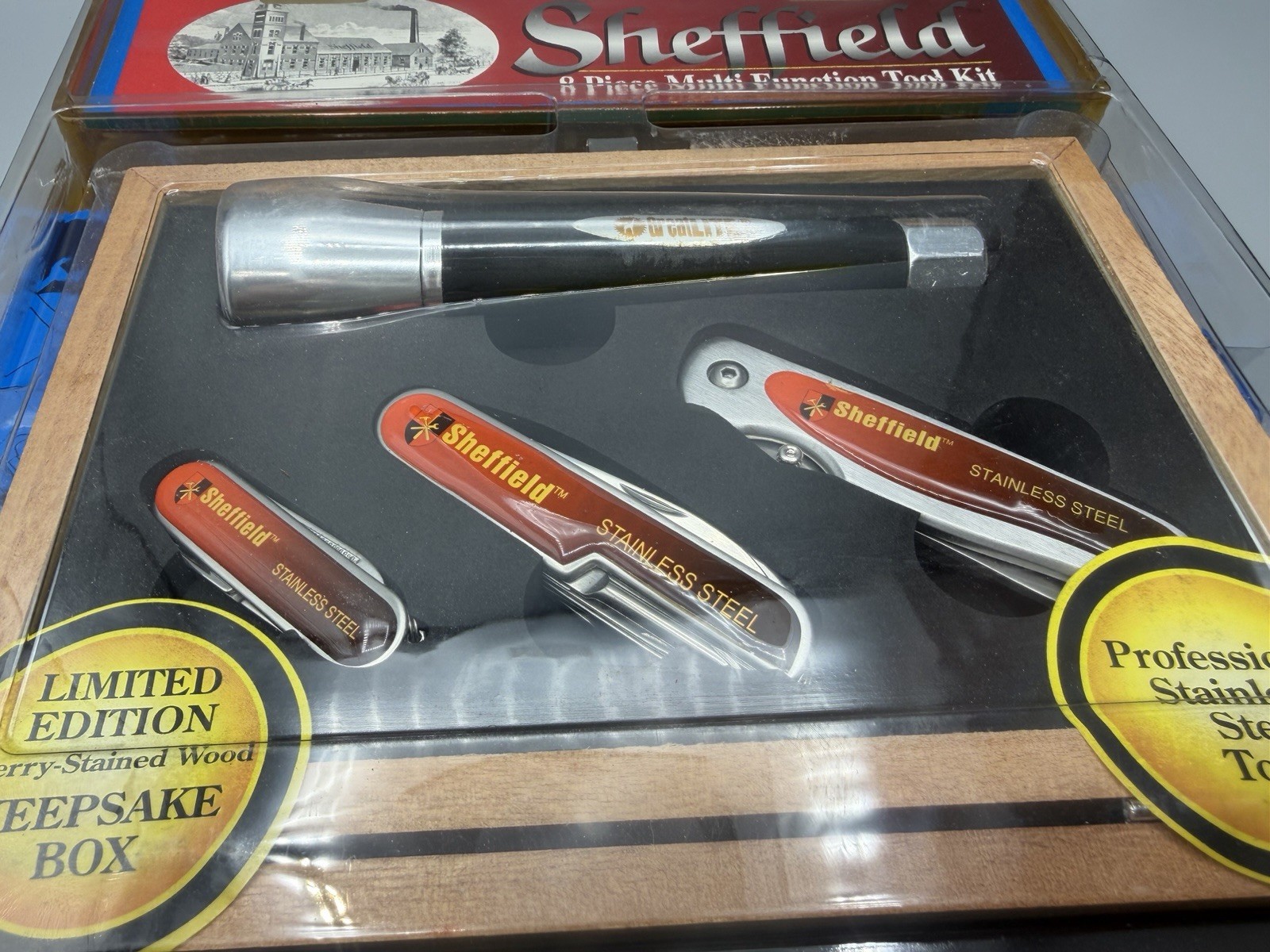 Sheffield 8 Pc Tool Kit Pocket Knife flashlight Pouch 12401 – New, Sealed W/ Box