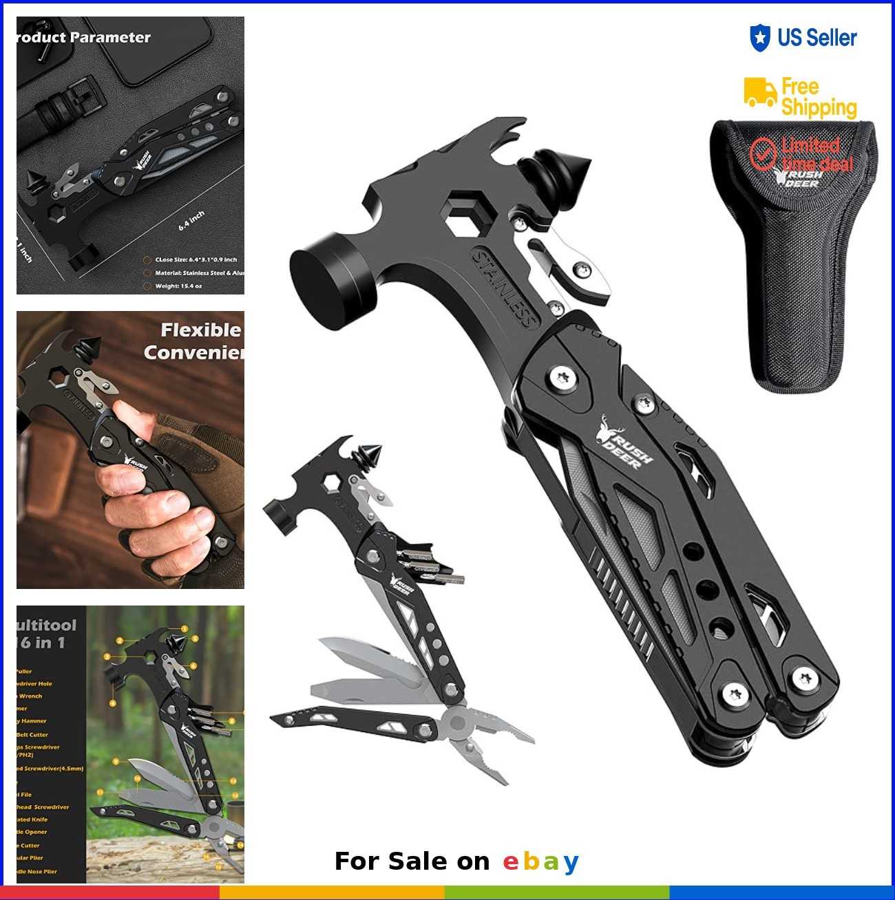 Multitool 16 in 1 Hammer Pliers Knife Screwdrivers Bottle Opener Car Safety