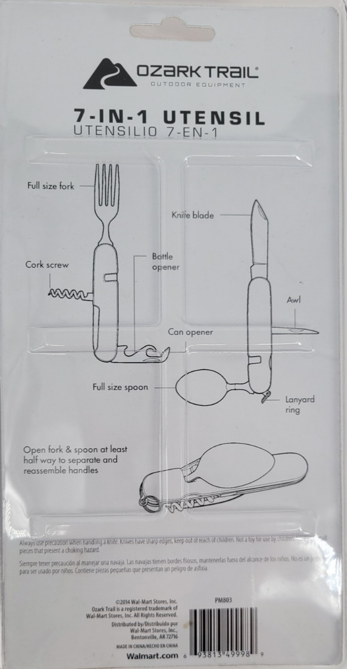 OZARK TRAIL 7 In 1 Utensil Spoon Fork Knife Awl Can/Bottle Opener Cork Screw
