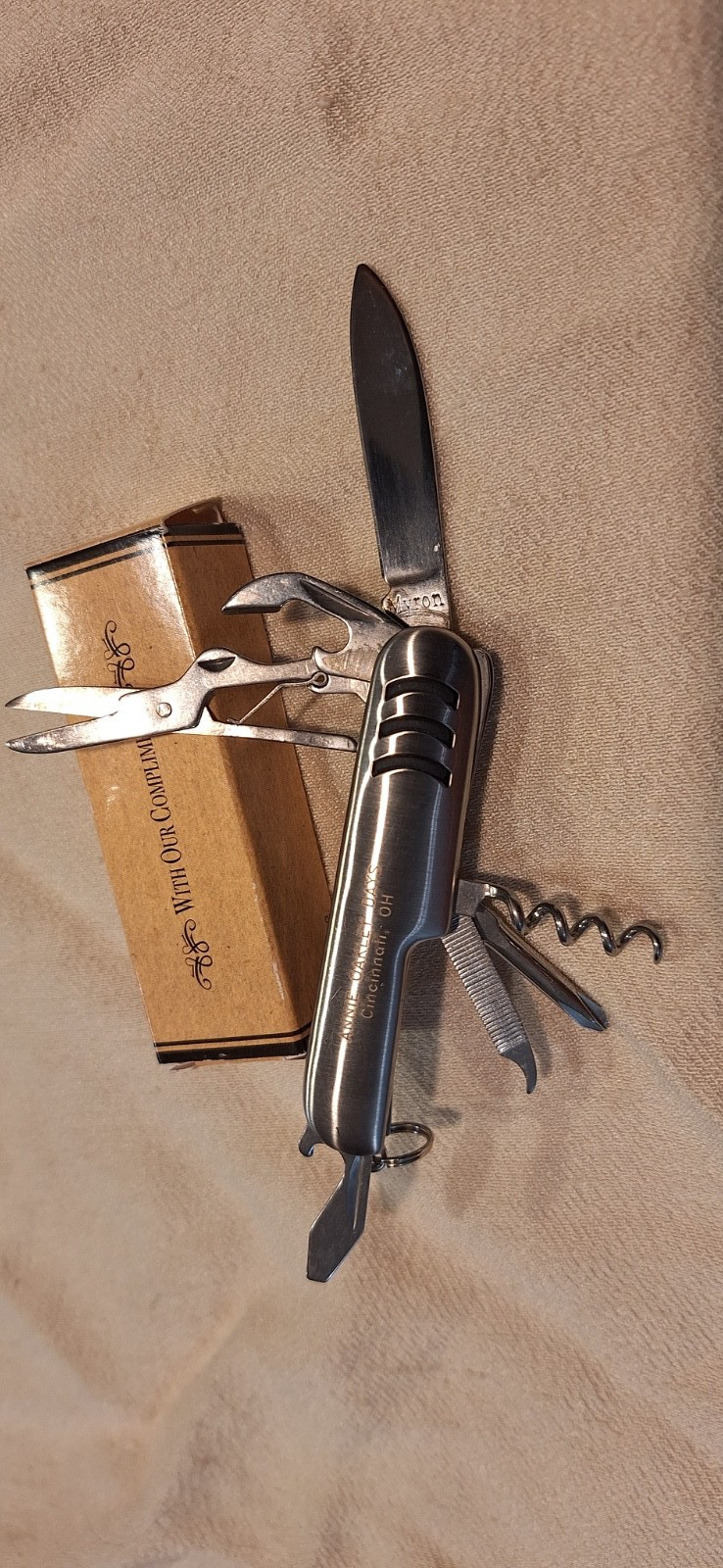 Myron Multi Tool Utility Pocket Knife 8 Tool Silver W/Advertising ANNIE OAKLEY