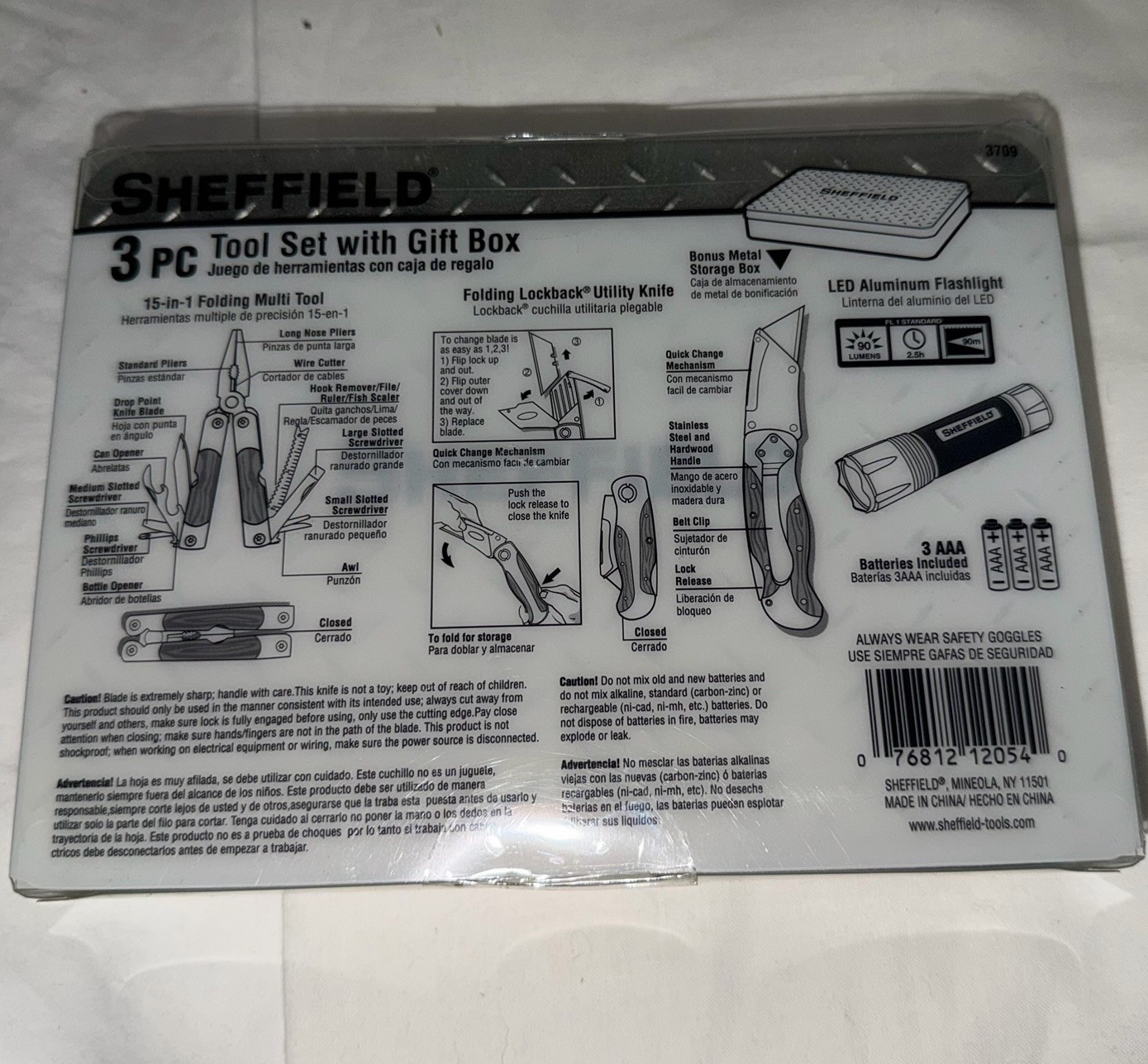 NEW Sheffield 3 Pc Tool Set With Tin Box Multi Tool Utility Knife Flashlight NIB