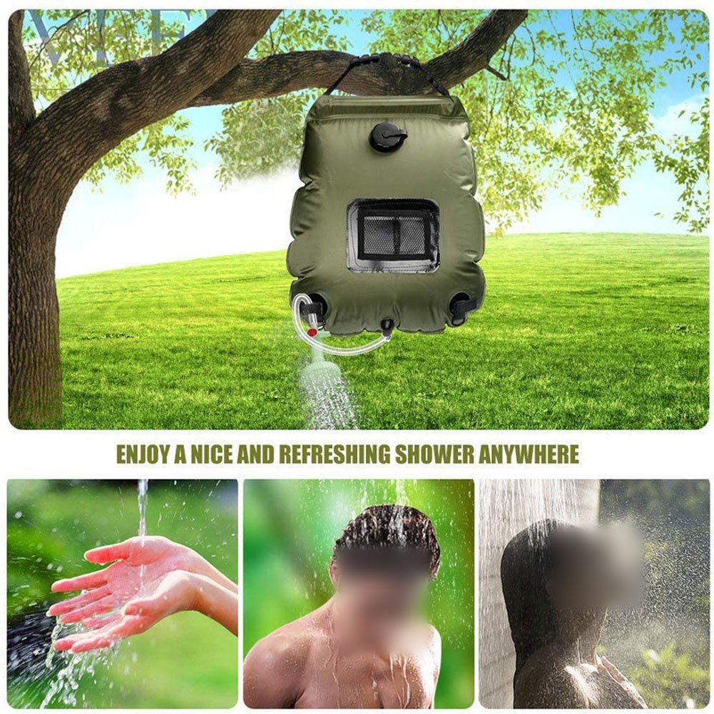 20L Solar Powered Outdoor Camping Shower Bag Heat Absorbing Green Black
