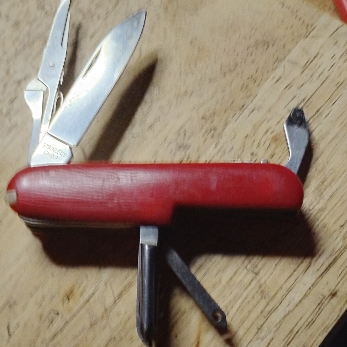 Red Multi-Tool Pocket Knife w/ Scissors & Nail File, Stainless Straight Edge