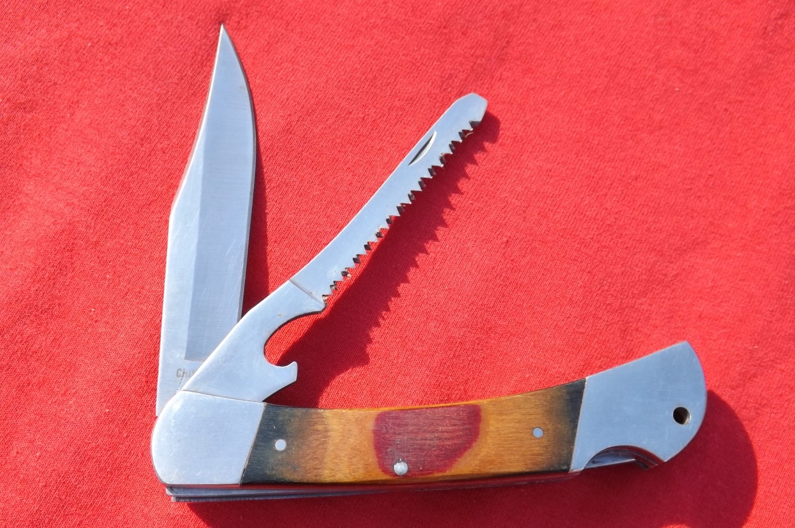 Vintage Multi-Tool Lockback Folding Knife w/ Wood Handles & Saw Blade NICE