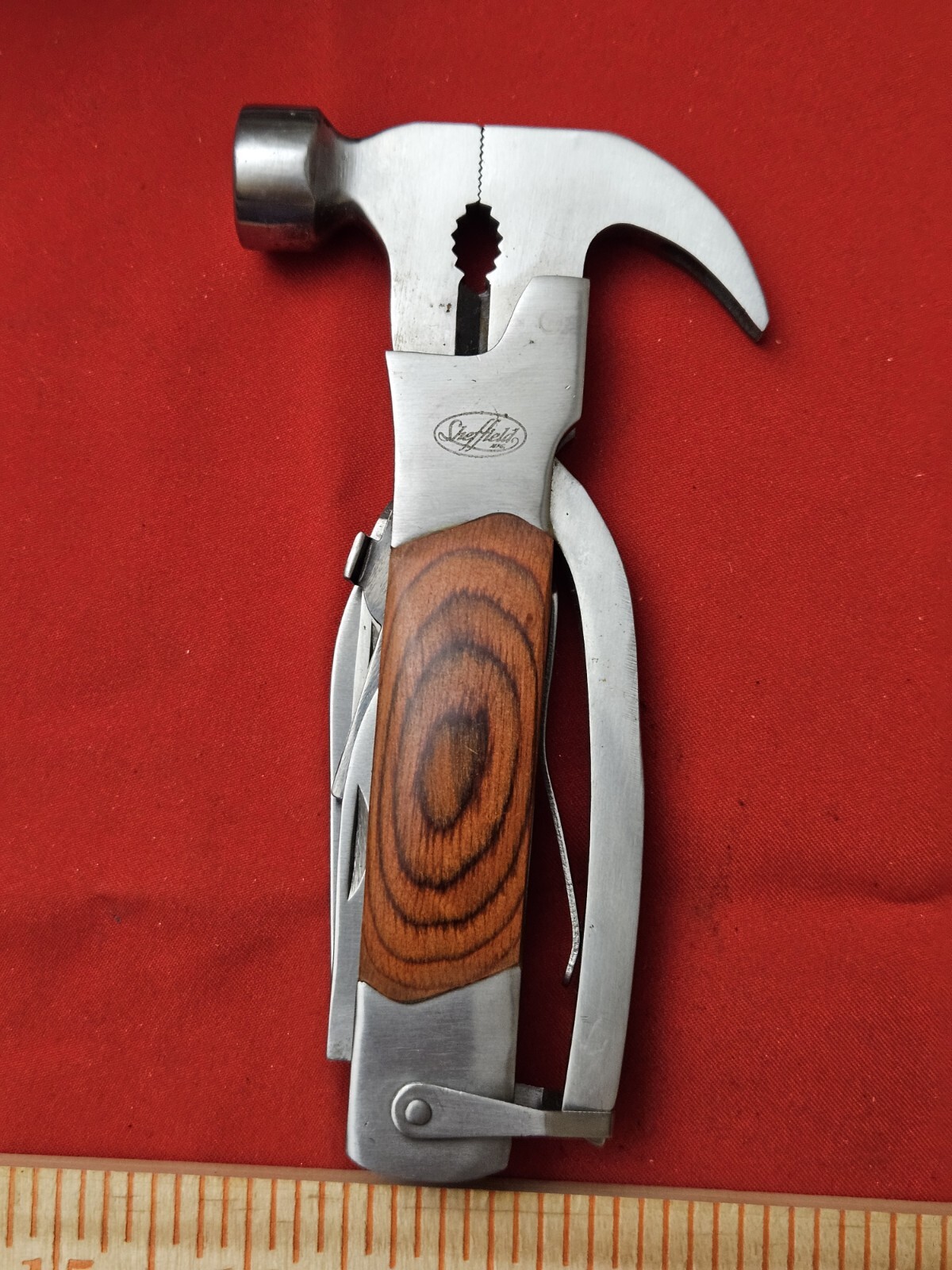 Vtg Sheffield Multi-Tool With Original Case Hammer Pliers Can Opener & More